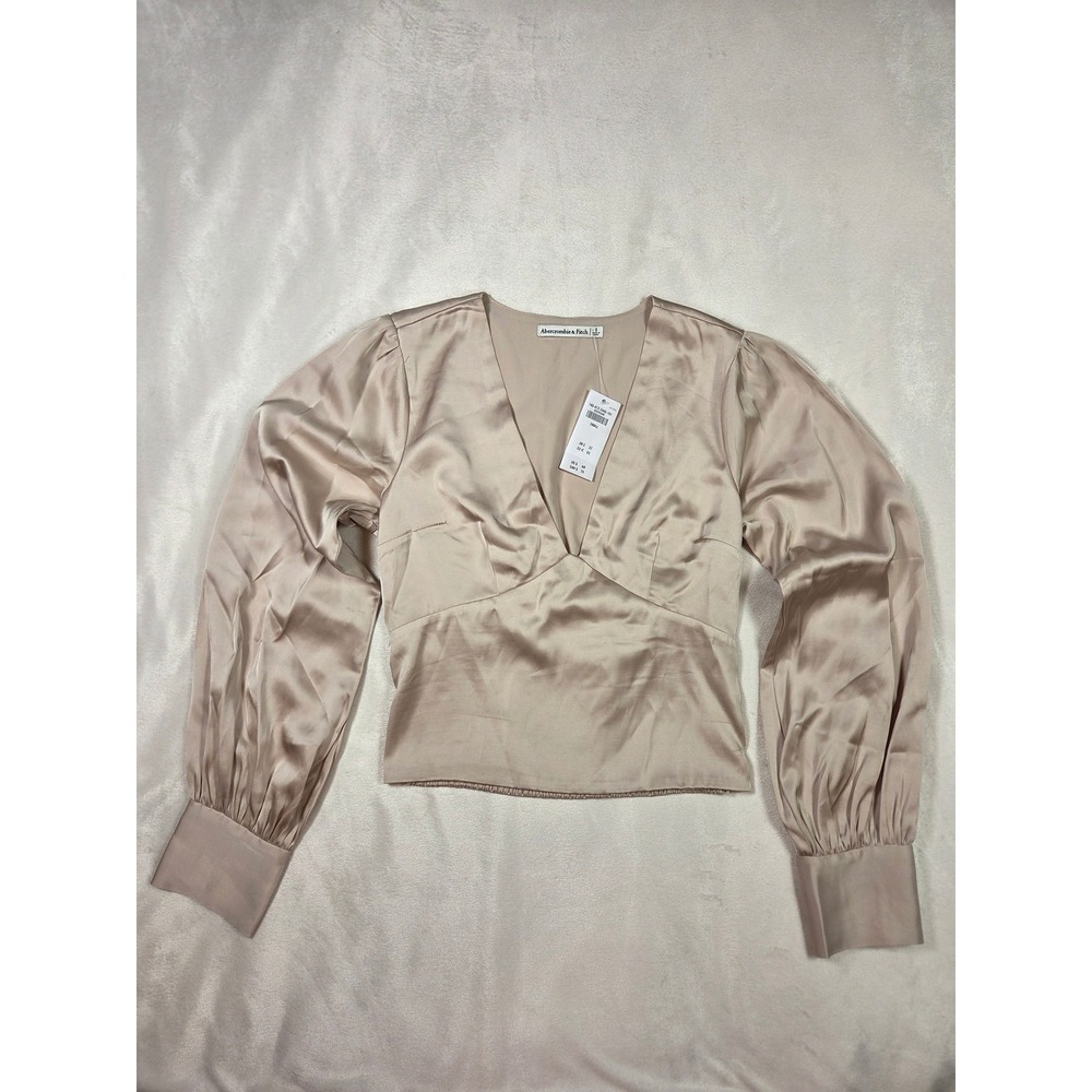 NWT Abercrombie & Fitch Satin Puff Sleeve V Neck Blouse Champagne S
